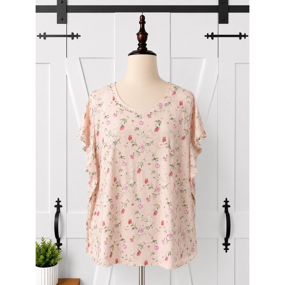 Isaac Mizrahi Live! True Denim Ditsy Floral Knit Top Women 3XL Pink A306436